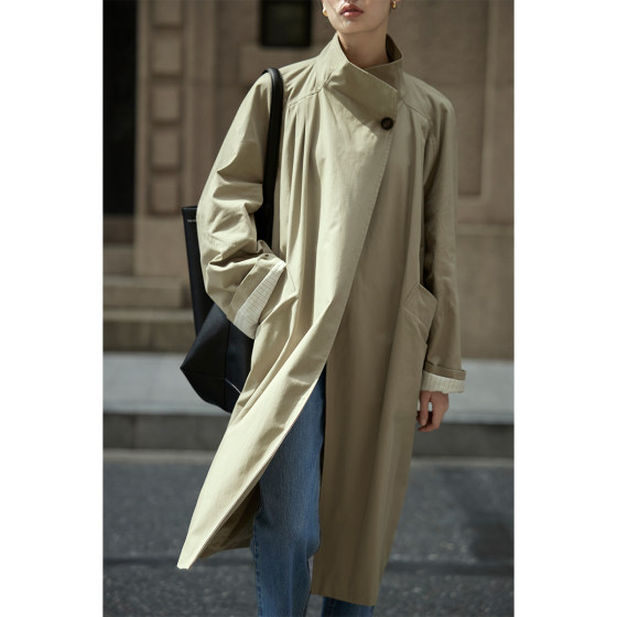 moofeel Cocoon Windbreaker Coat Women's 2023 New Stand Collar Khaki Mid-Length Commuting Simple Coat