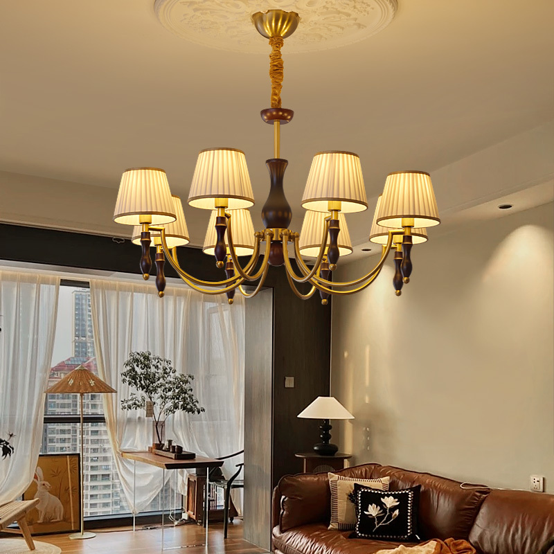 American Retro Restaurant Chandelier, Mid-Century Style Fabric Solid Wood Main Light for Hall, 2026 New Model for Home Study and Bedroom Lighting