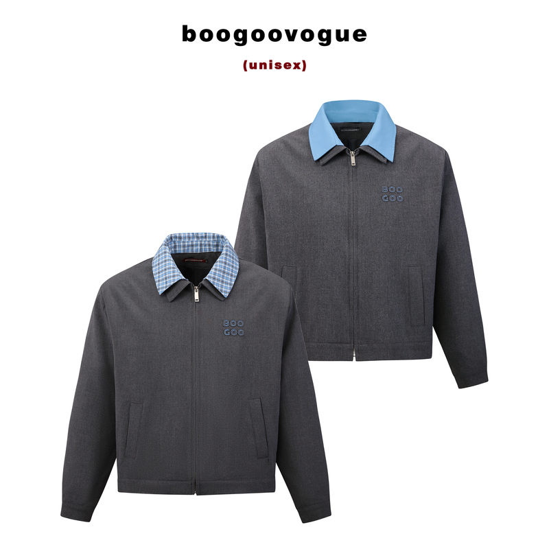 Boogoovoguemiu Series Old Money Casual Cleanfit Short Wide Jacket Detachable Double Collar Blue-Gray Plaid Coat