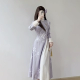 汀玥苓 Сиреневое демисезонное утепленное ципао, легкое платье, китайский стиль, светлый стиль, подходит для подростков