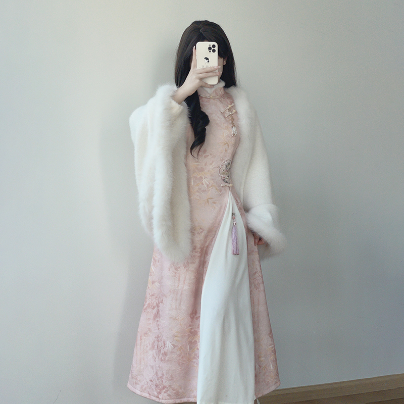 ティン・ユエリンチャイナドレス2024新作中国風若者風アオザイドレスショールハイエンド秋冬プラスベルベットガール