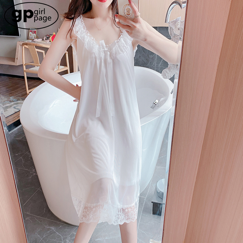 Japanese Gp Pure Cotton Mesh Camisole Nightgown for Women, Summer White Lace Mid-Length Court-Style Sleepwear, Sexy Loungewear