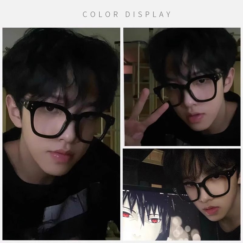 Men's Black-Framed Glasses for Myopia, Korean Style, Trendy, Can Be Equipped with Prescription Anti-Blue Light Eye Frames, Plain Large-Frame Flat Glasses for Students