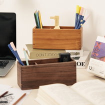 Double grid solid wood pen holder study wooden storage box student brush office desktop supplies storage box storage bucket