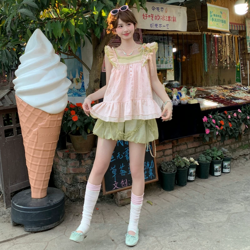 Pastel стиль милый girl контрастный цвет мода костюм женский новый 79.9% лиоцелл отпуск свободный топ
