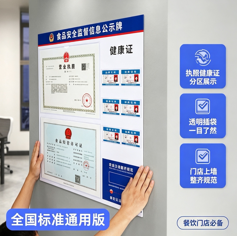 Food Safety Information Public Notice Column Business License Frame Wall Hanging Three-In-One Hygienic Health License Display Board