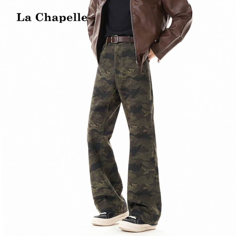La Chapelle Men's Flared Jeans Spring and Autumn Trendy Brand Loose Wide-Leg Camouflage Work Pants American Casual Pants