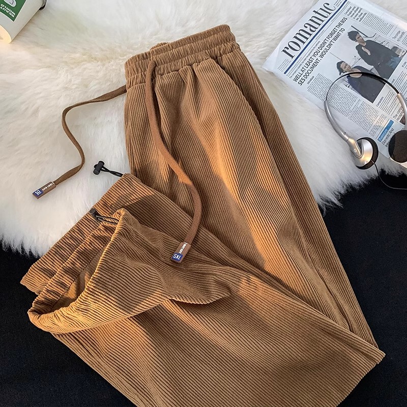 Brown Corduroy Pants for Men, Suitable for Spring, Autumn, and Winter, American Retro Casual Straight-Leg Loose Fit, Slimming Drawstring Summer Jogger Pants