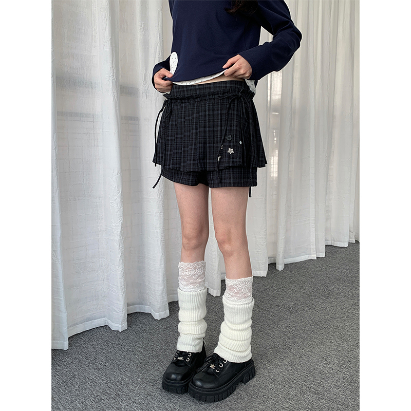 Solpaw Japanese Vintage Style Faux Two-Piece Skirt Plaid Shorts Women's Light Asian Style Y2K Gray Versatile Pants