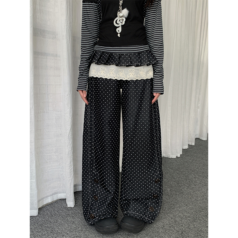 Solpaw All-Over Polka Dot Detachable Flap Denim Pants for Women, Light Asian Style Straight-Leg Faux Two-Piece Wide-Leg Pants