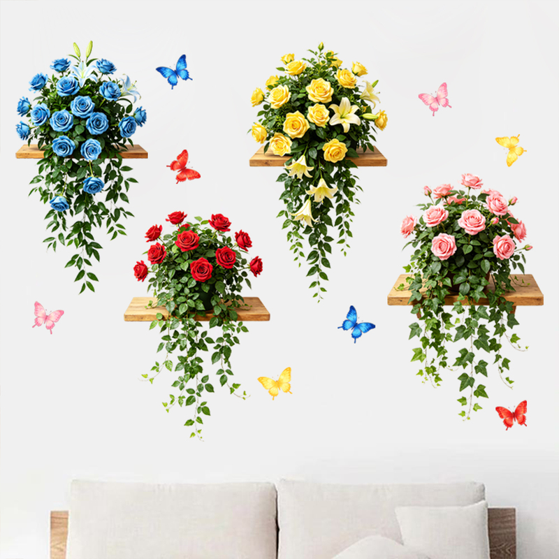 9 Artificial Flower Vine Fresh Flower Butterfly Stickers Wall Stickers Decorative Painting Modern Minimalist Living Room Tv Background Wall Self-Adhesive