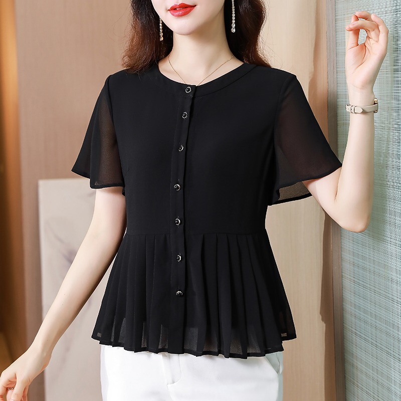 Black Fashionable Pleated Skirt Top for Women, Summer 2026 New Style, Elegant Round Neck Loose Age-Reducing Shirt