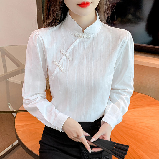 立领旗袍式盘扣衬衫女秋季新款长袖新中式纯棉上衣