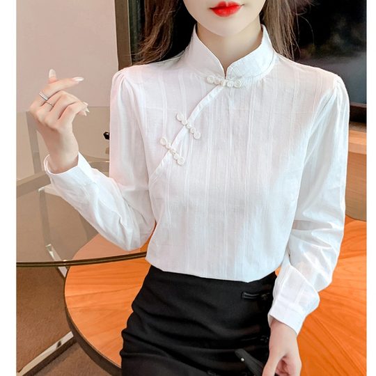 立领旗袍式盘扣衬衫女秋季新款长袖新中式纯棉上衣