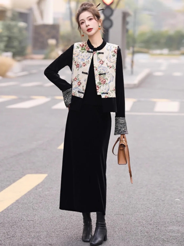 New Chinese Style Women's Clothing 2026 Spring New Style Button-Up Vest Black Velvet Top Half Skirt Three-Piece Set
