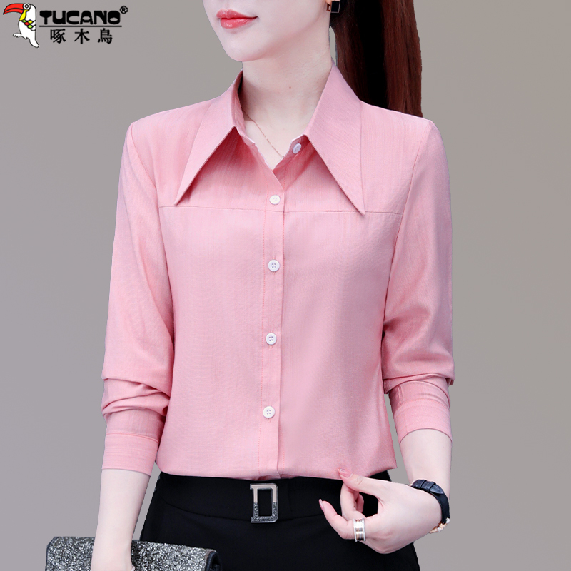 Woodpecker Pink Women's Shirt 2026 Spring New Women's Fashion Popular Shirt Women's Long Sleeve Lapel Top