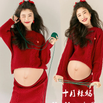 Photo Studio New Year Theme Sweet Lazy Style Pregnant Mother Photo Costume Festive Red Sweater Maternity Art Photo Costume