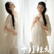 Photo studio themed new clothing for pregnant women cool French pure lust style white dress pregnant mother belly photo photography