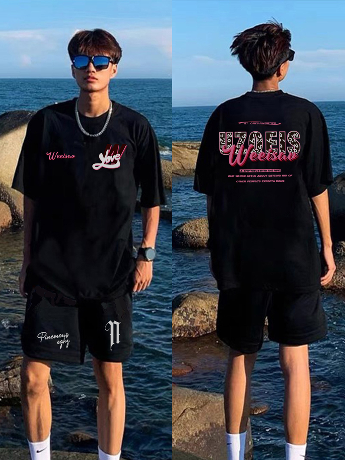 <!--美式复古设计感套装男款夏季短袖t恤上衣百搭小众休闲重磅短裤潮-->