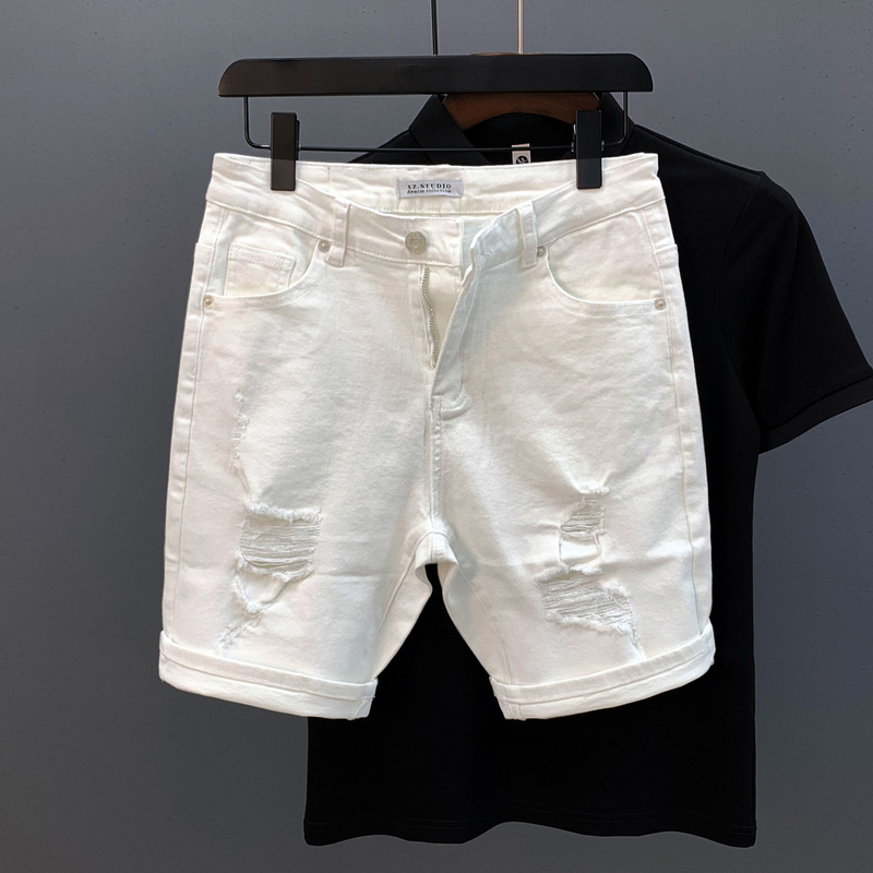 ins Men's Summer New Style Korean Trendy High Street Distressed Stretch Denim Shorts with Cat Whiskers and Ripped Holes
