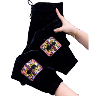 大码国风盘扣丝绒休闲哈伦裤2025春季新款宽松高腰显瘦百搭束脚裤