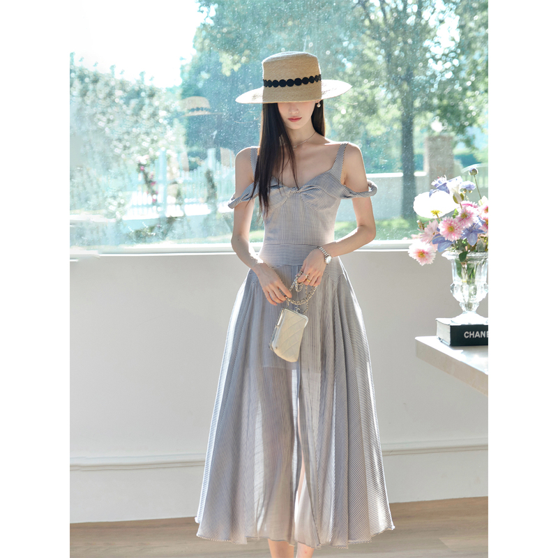 Chillcozy Ring of the Sea Line Mid-Length Sheer 75D Rich Crepe Navy Striped Dress
