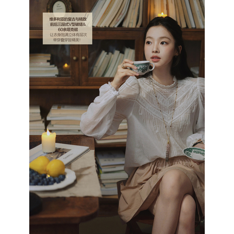 Chillcozy Snow Song Heavy-Duty Tucker Pleats with Lace French Retro Puff Sleeves All-Cotton Loose Shirt