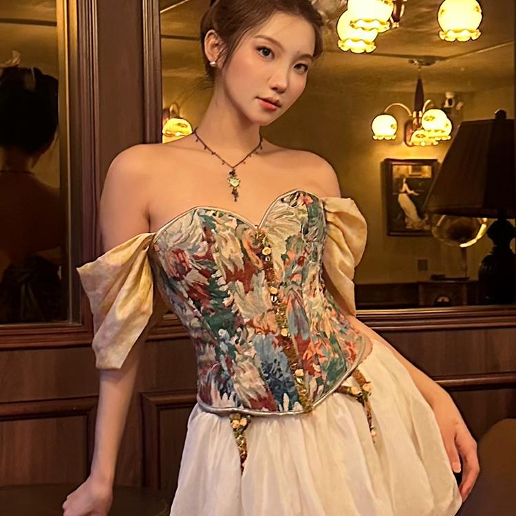 Dandd1912 Baroque Princess Court Print Silk Tube Top Off-Shoulder Corset with Boning and Lace-Up Waist