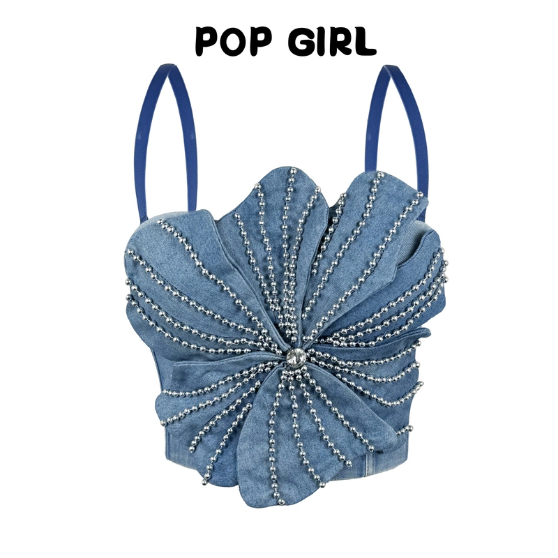 Handmade Denim Floral Fishbone Bra with Chain and Rhinestone Embellishments, Camisole, Short Tube Top, Performance Outfit for Women