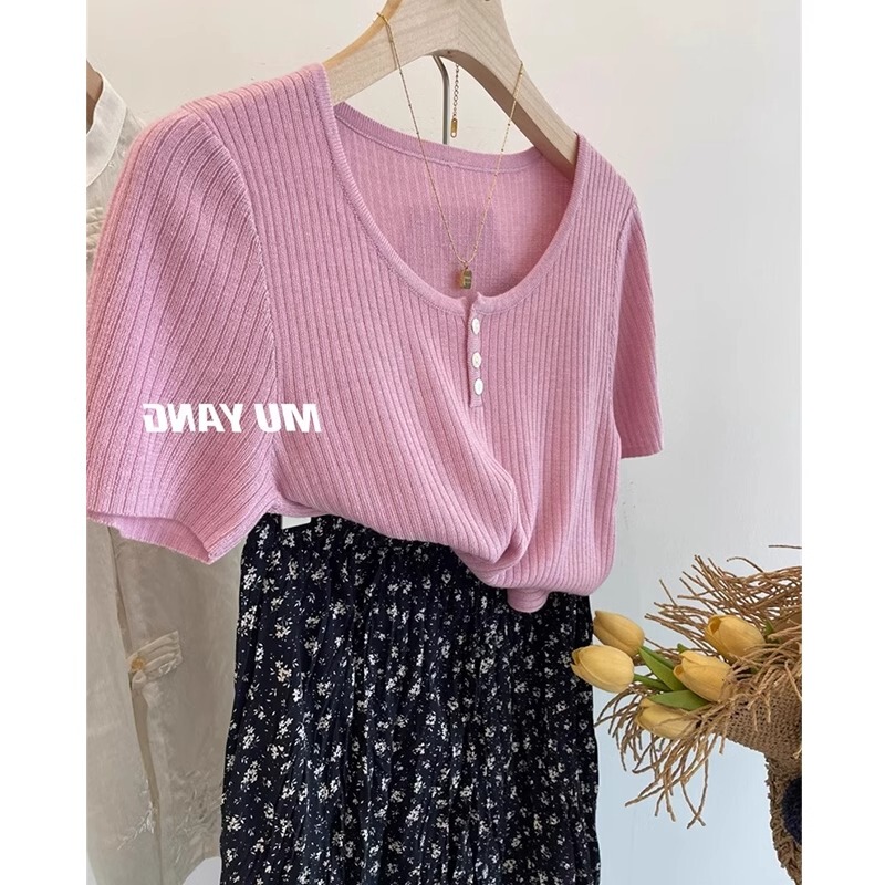 Pink Ice Silk Short-Sleeve Knit Top for Women, Summer Stylish Slim-Fit Short Base Shirt, Elegant Short-Sleeve T-Shirt, Thin Top Pink Ice Silk Short-Sleeve Knit Top for Women, Summer Stylish Slim-Fit Short Base Shirt, Elegant Short-Sleeve T-Shirt, Thin Top