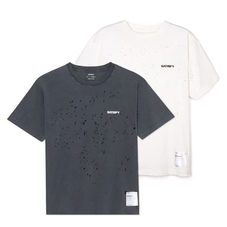 Korean Sports Fashion Brand Satisfy Washed and Distressed Ripped Lightweight Short-Sleeve T-Shirt