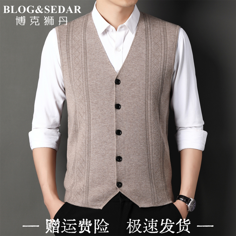 Autumn and Winter Men's Wool-Blend V-Neck Open-Back Casual Knit Vest for Middle-Aged and Elderly, Solid Color Vertical Stripe Sleeveless Sweater Autumn and Winter Men's Wool-Blend V-Neck Open-Back Casual Knit Vest for Middle-Aged and Elderly, Solid Color Vertical Stripe Sleeveless Sweater