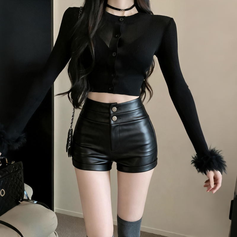 Black Leather Shorts for Women, New Autumn and Winter High-Waisted Versatile Pu Leather Base Shorts, Hip-Hugging Outerwear Boot Shorts