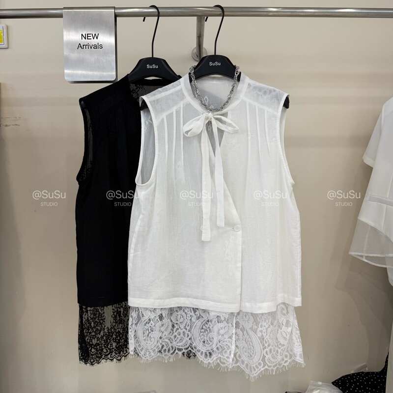 High-End European Goods 2026 Summer New Style High-End Fashion V-Neck Lace-Up Lace Patchwork Sleeveless Shirt Women's Top
