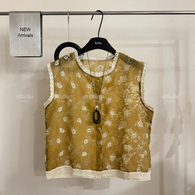 High-End European-Style Summer New Round-Neck Lace Patchwork Tassel Jacquard Sleeveless Vest Top for Women