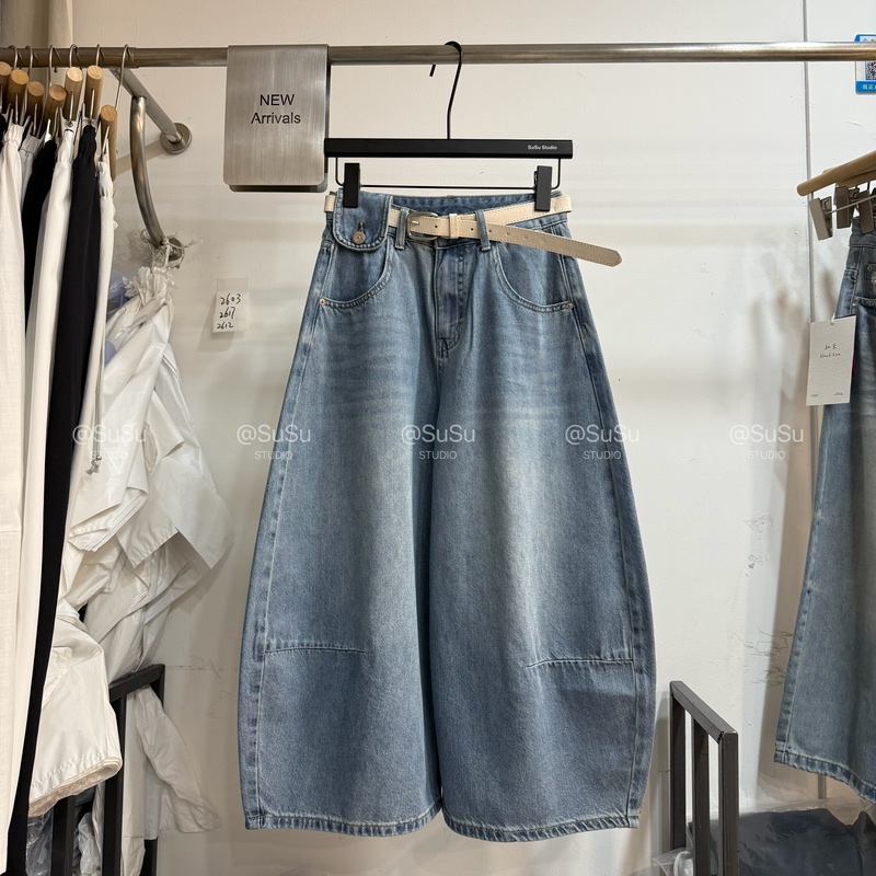 High-End European-Style Summer New Design High-Waisted Washed Denim Cropped Jeans for Women, Straight Wide-Leg Balloon Pants