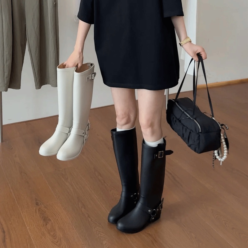 Korean Style Black Long Boots for Women, Versatile Waterproof and Non-Slip Rain Boots, Outdoor Water Shoes, Slimming Riding Boots, Over-The-Knee Boots