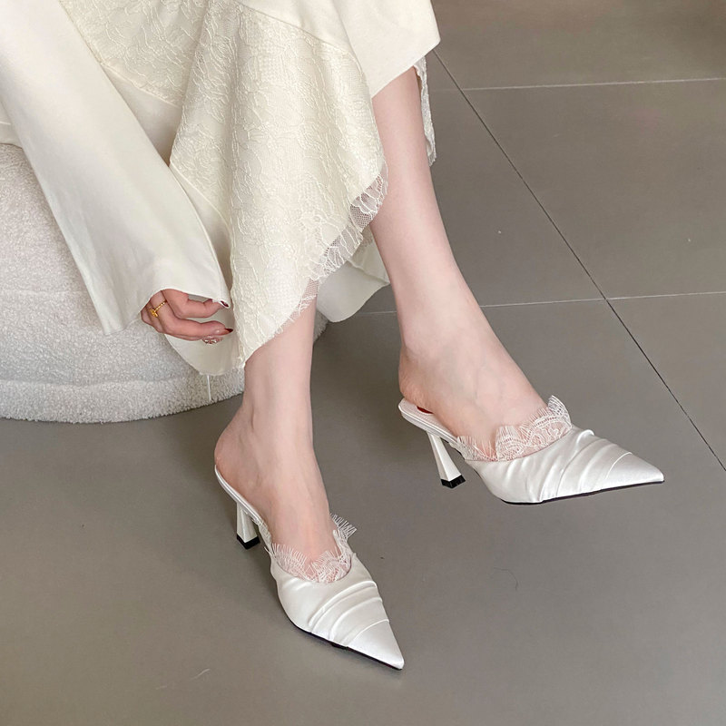 Black Online French-Style High-Heeled Mules for Women, Lace Pointed-Toe Single Shoes, Spring and Summer White Wedding Shoes, Pleated Satin Sandals