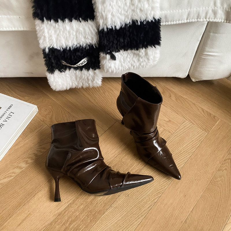 Black Online Melard Pleated High-Heeled Short Boots for Women 2025 Autumn and Winter Pointed-Toe Elegant Boots Patent Leather Slouch Boots