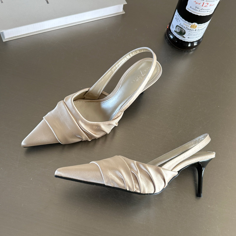 New Chinese style exquisite women's sandals, summer new style, French pointed toe open back, satin strap high heels, apricot color.