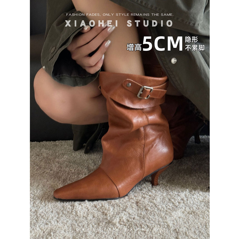 Vintage-Style Brown Leather Buckle Pointed-Toe Slouchy Boots for Women, 2026 Autumn/Winter Season, Thin High-Heeled Mid-Calf Boots Vintage-Style Brown Leather Buckle Pointed-Toe Slouchy Boots for Women, 2026 Autumn/Winter Season, Thin High-Heeled Mid-Calf Boots