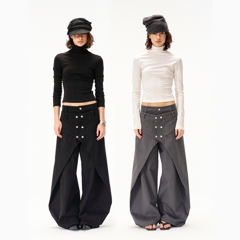 Costustoot 2026 Autumn Double-Breasted Two-Layer Placket Deconstructed Design Loose Wide-Leg Cargo Pants for Women