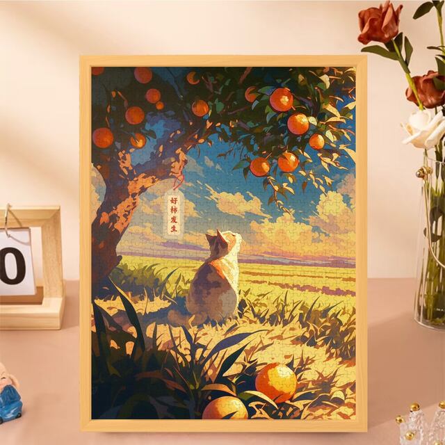 Persimmon Good Luck Cat Puzzle Series Children's Toy Adult Stress Relief Framed New Year Gift Living Room Decorative Painting