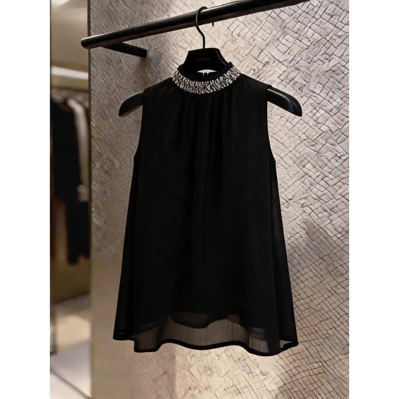 Black Rhinestone-Decorated Halter Neck Chiffon Sleeveless Vest for Women, Summer Thin Style, Loose Design, Niche High-End Top