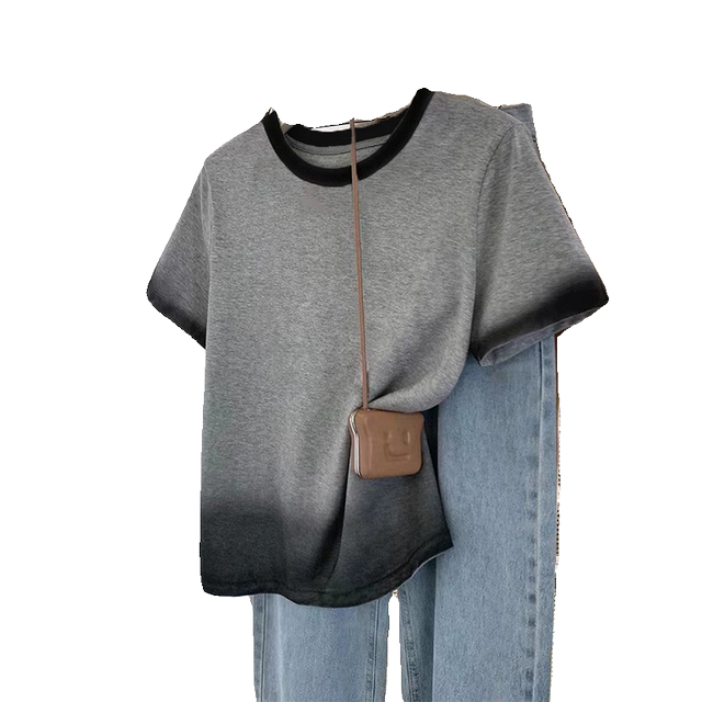 Chic tie-dye round neck short-sleeved t-shirt for women 2025 summer Korean style loose casual gray printed petite top