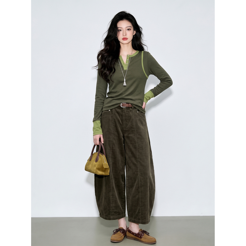 Ootd Relaxed and Cool Outfit, Unique and Age-Reducing Set, Green Top, Corduroy Pants Two-Piece Set for Women Ootd Relaxed and Cool Outfit, Unique and Age-Reducing Set, Green Top, Corduroy Pants Two-Piece Set for Women