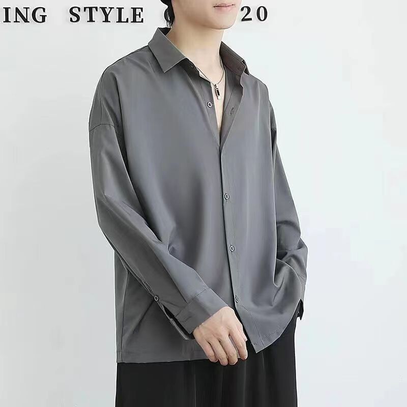 Ice Silk Shirt for Men, Long-Sleeved, Plus Size, Wide Body, Black Shirt, Stretchy, Casual, Fashionable, Trendy Workwear Ice Silk Shirt for Men, Long-Sleeved, Plus Size, Wide Body, Black Shirt, Stretchy, Casual, Fashionable, Trendy Workwear