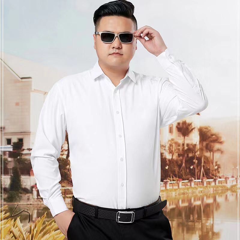 Plus Size White Long-Sleeved Shirt for Men, Plus Size, Solid Color Shirt, Spring and Summer Business Professional Work Wear