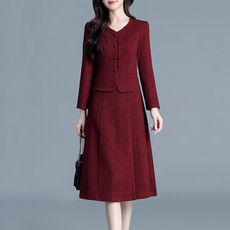 Maguba Red Long-Sleeve Faux Two-Piece Dress for Women, 2026 Spring New Style, Elegant Waist-Cinching Mid-Length for Petite Figures