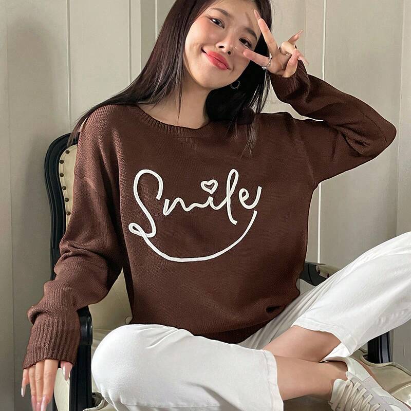 Shein Genuine Autumn Women's Coffee Brown Letter Pattern Drop Shoulder Knitted Round Neck Long Sleeve Sweater Top Shein Genuine Autumn Women's Coffee Brown Letter Pattern Drop Shoulder Knitted Round Neck Long Sleeve Sweater Top